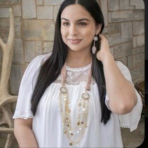 Boho Peach Pink Gold Strand Long Statement Necklace by Plunder #16